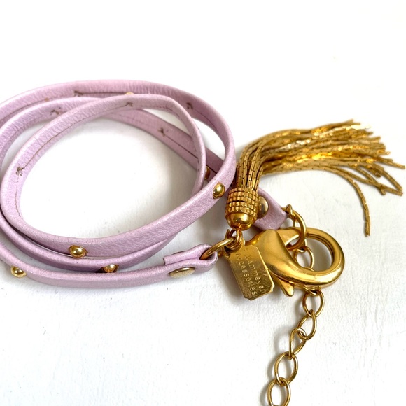 ARTISAN LAVENDER LEATHER TRIPLE WRAP BRACELET TASSEL STUDS 18K GP HARDWARE - Picture 3 of 6